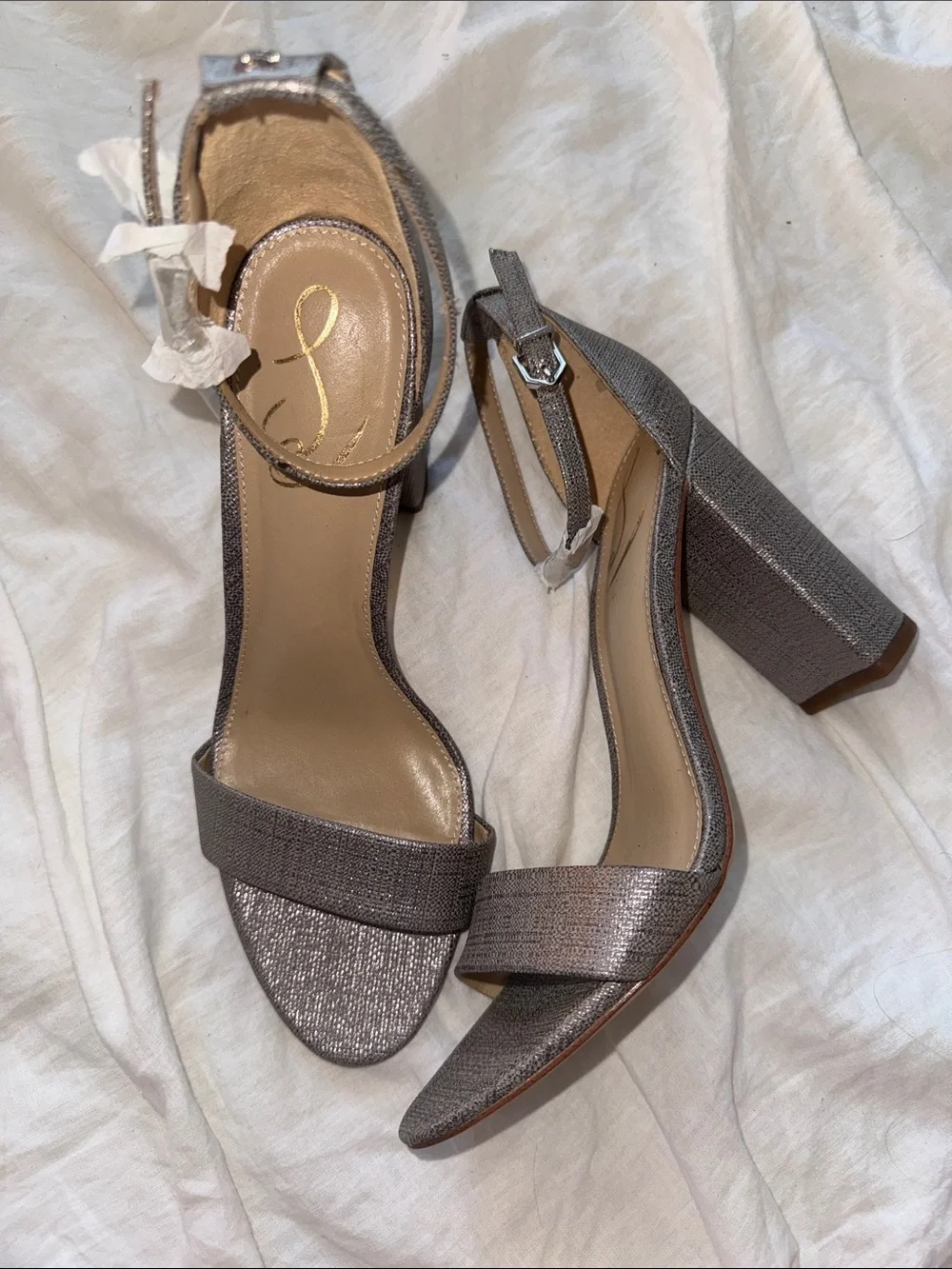 NWOT Sam Edelman Open Toe Block Heel Strappy Heels Size 9.5 Silver Graphite